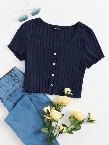 

button up rib-knit crop 19wu#, White