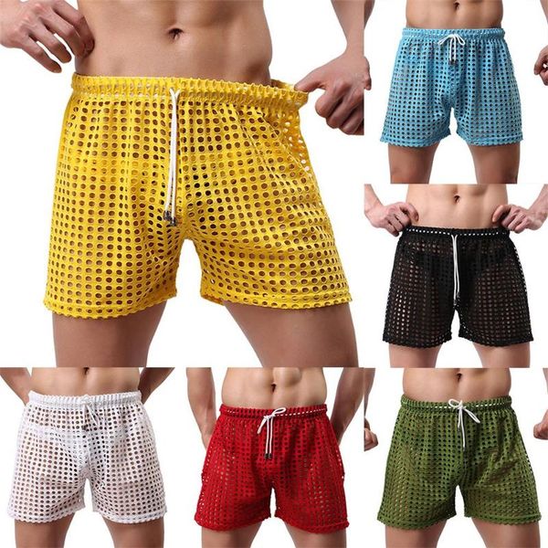 

men boxers mesh fishing net see through hollow out drawstring shorts breathable swim beach men's underwear swimwear