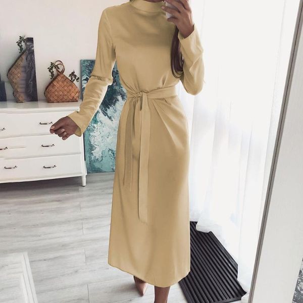 

casual dresses autumn elegant turtlenck long dress women sashes sleeve solid slim midi for woman 2021 fashion party, Black;gray