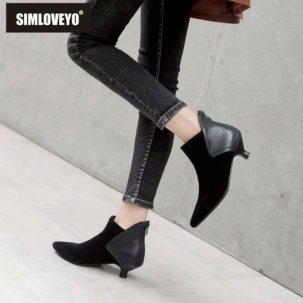 

boots simloveyo ankle for women pointed toe flock zipper kitten heel size 46 botas feminino footwear patchwork b1549, Black