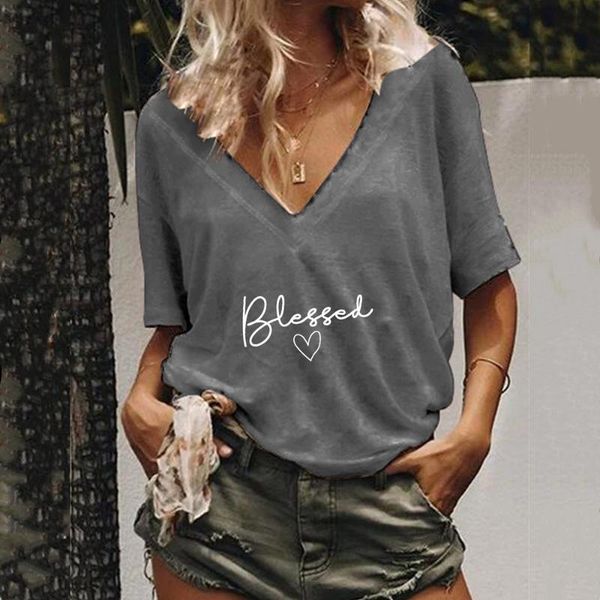 

women's t-shirt 2021 lady summer short-sleeved letter personality printed v-neck casual loose pullover women oversized 7 colors, White