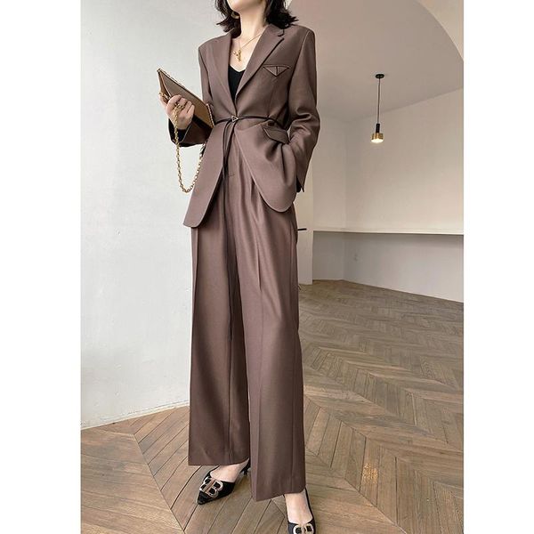 

women's two piece pants suits brown blazer set women 2021 suit high waist wide leg trouser female 2 sets ladies outwear, White