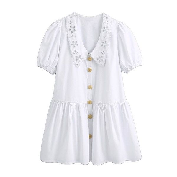 

sweet white hollow out pleated women dress fashion lapel collar puff sleeve female dresses preppy style vestidos mujer 210430, Black;gray