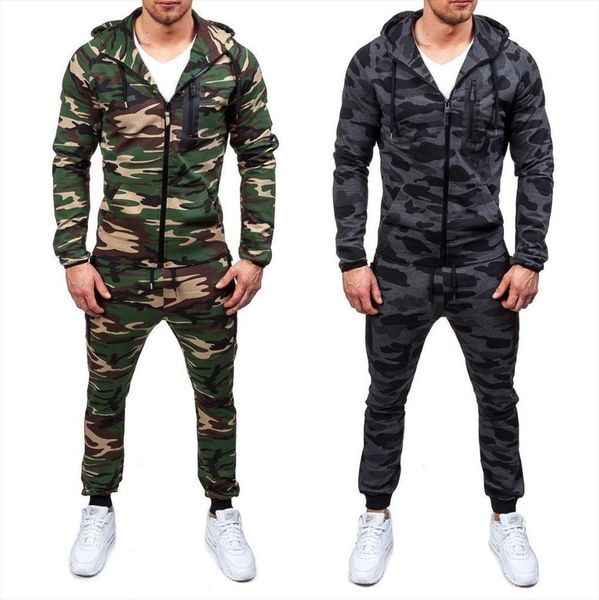 

fashion 2 piece set mens tracksuit casual outwear suits hooded sweatshirt and pants men camo sportswear two outfits, Gray