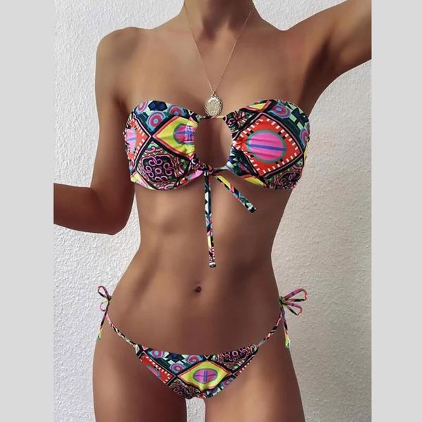 

women's swimwear bikini 2021 women boho style geometric print bandeau tie side swimsuit beachwear biquini traje de baÃ±o mujer #k4, White;black