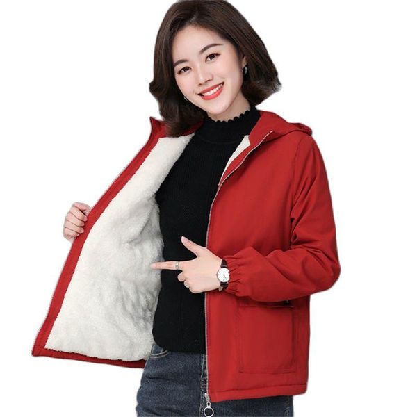 

women's jackets 2021 autumn winter fleece jacket coats female hooded windbreaker outerwear warm parka thick hoodies q105, Black;brown