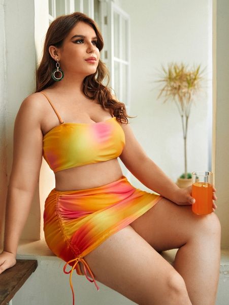 

plus tie dye drawstring bikini swimsuit with beach skirt f55k#, Black