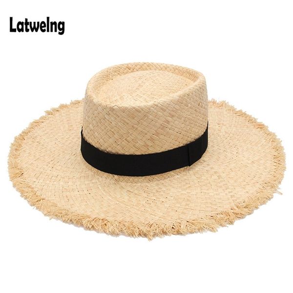 

wholesale belt raffia straw summer sun visor hats for women lady foldable fashion handmade cap wide brim panama beach hat 210709, Blue;gray