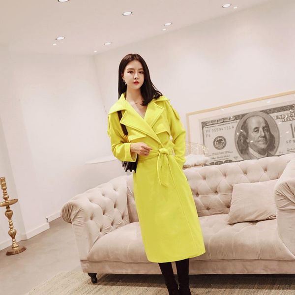 

women's trench coats coat female 2021 temperament lapel lace waist over knee woolen 1473, Tan;black