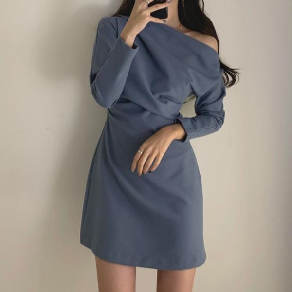 

casual dresses women dress 2021 clothes spring korean version of the beveled off-the-shoulder high-waist slim, Black;gray