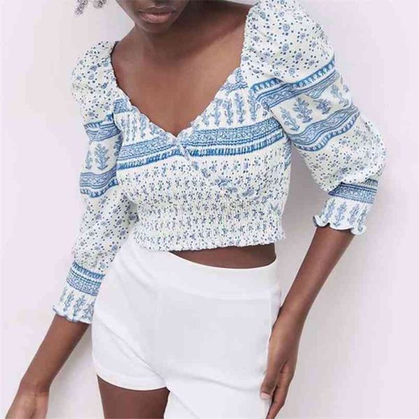 

women summer vintage short blouses shirts 3/4 sleeve v-neck elastic bust print female elegant fashion street blusas 210513, White