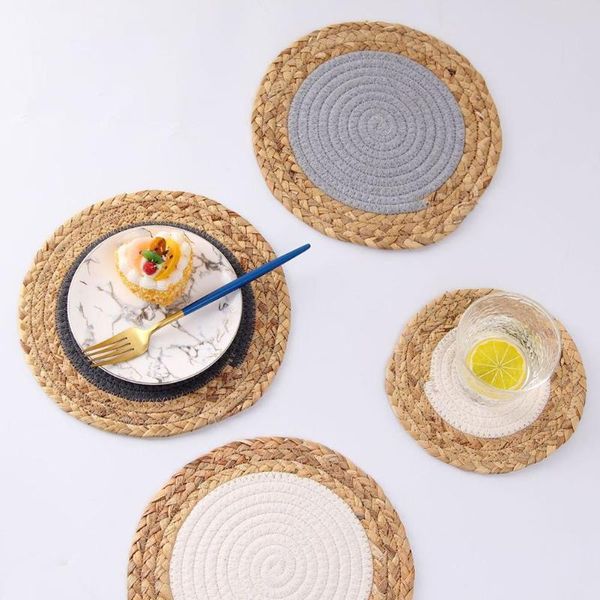 

mats & pads woven gourd grass placemat for table round mat heat insulated cup pad office home decoration accessories kitchen