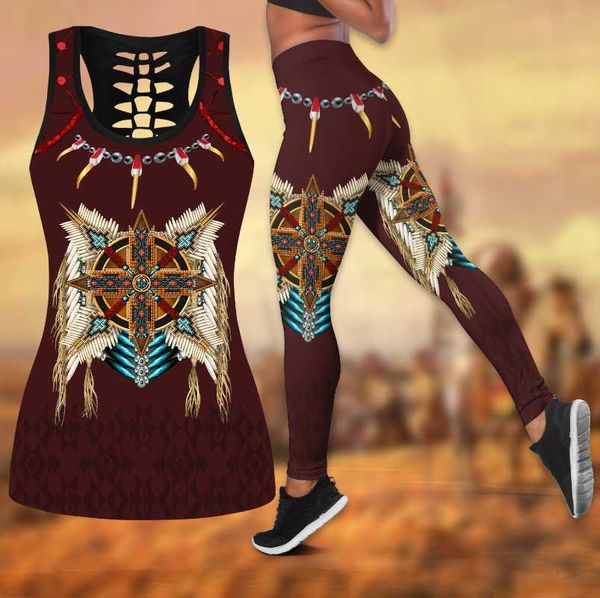 

women's leggings native 3d all over printed hollow tank & set fitness female full length running pants ddk49, Black