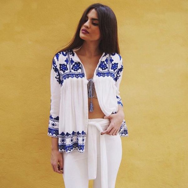 

women's jackets vogun womens vintage boho floral embroidered ethnic jacket coat 3/4 sleeve outerwear blue white jn21, Black;brown