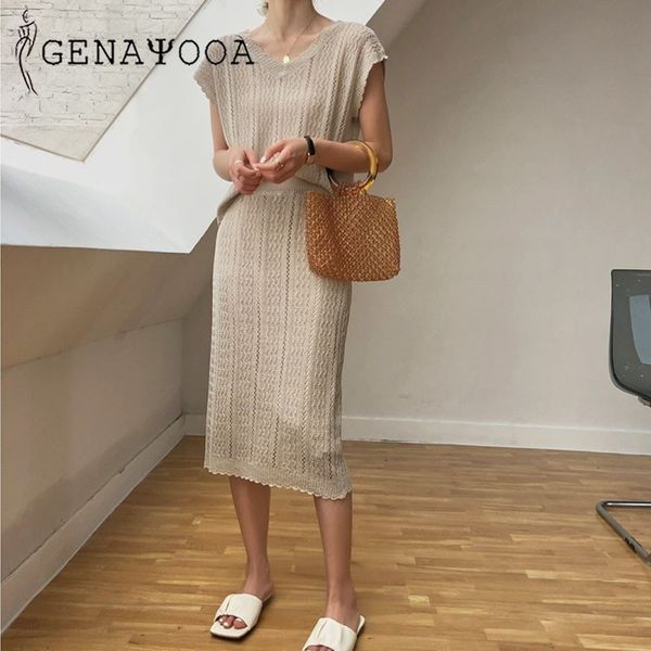 

genayooa office lady knit tank skirt korean summer woman 2 sets womens outfits elastic casual two piece set 210417, White