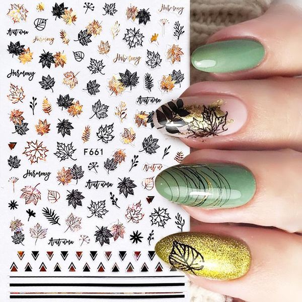 

gift wrap leaves transfer decals slider nail art decoration 1pc holographics gold black maple 3d sticker autumn theme laser