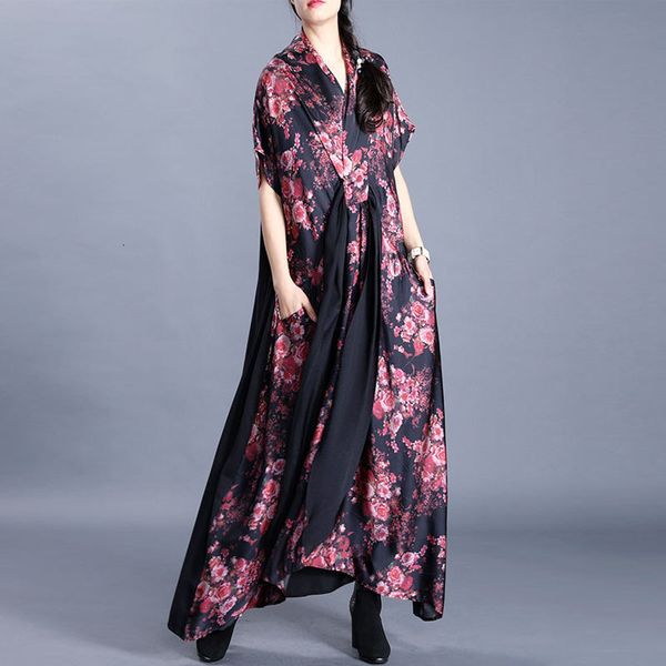 

casual dresses fairy natural v-neck pockets vintage floral printed lace up women short sleeve real silk dress spring summer btq3, Black;gray