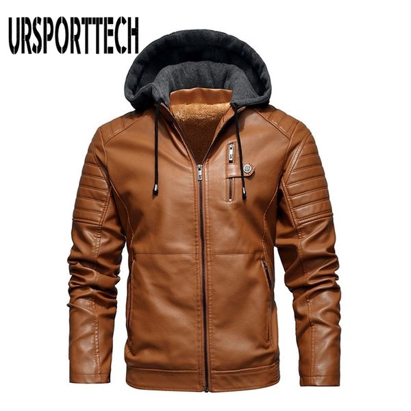 URSPORTTECH Kış erkek PU Deri Ceketler Mens Polar Palto Rahat Dış Giyim Motosiklet Kapşonlu Ceket Rüzgarlık Biker Ceketler 211111