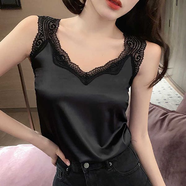 Siyah Dantel Backless Kaşkorse Saten İpek Yaz Tops Tankı Üst Kadın Giysileri Beyaz Cami Yelek Kadın Artı Boyutu Haut Femme 210608