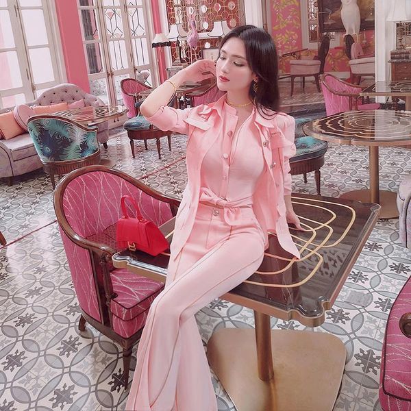 

women's two piece pants 2021 autumn spring women three pieces sets long sleeve coat +vest shirt+long flare trousers lady suits, White