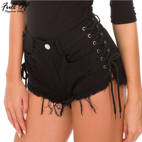 

women's jeans high waist bandage shorts woman befashion hole lace up women calca night club party bottom push, Blue
