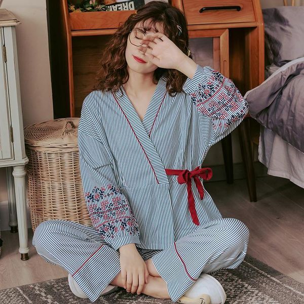 

japanese style pajamas stripe womens sleepwears cute girls loose pyjama femme home wear large size kimono pijama, Black;red