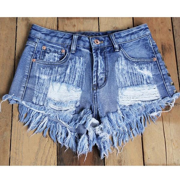 

women's fashion brand vintage tassel rivet ripped high waisted short jeans punk woman denim shorts, White;black