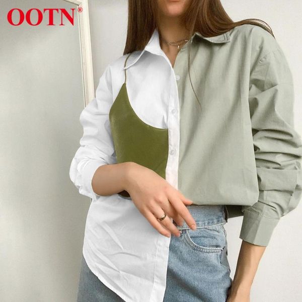 

women's blouses & shirts ootn patchwork oversized women long sleeve blouse 2021 fashion spring ladies chic streetwear splicing female, White