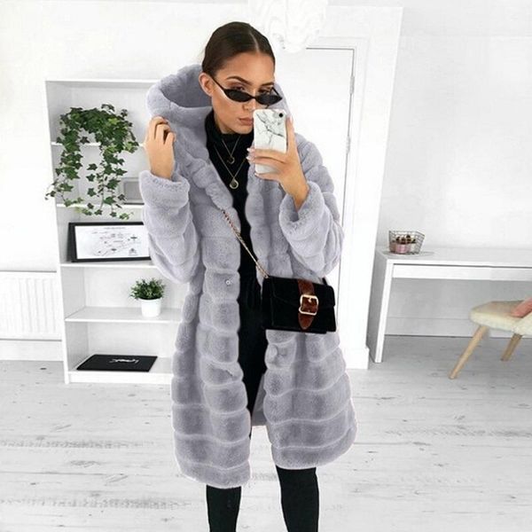 

women's fur & faux retro imitation mink long coats outcoats women solid colors hooded fashion big pocket casual commute outwears, Black