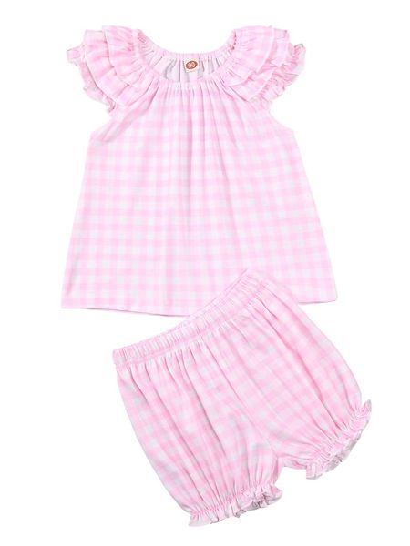 

clothing sets 2 pcs toddler summer pajamas baby girls plaid ruffle sleeve round neck pullover + shorts children's, White