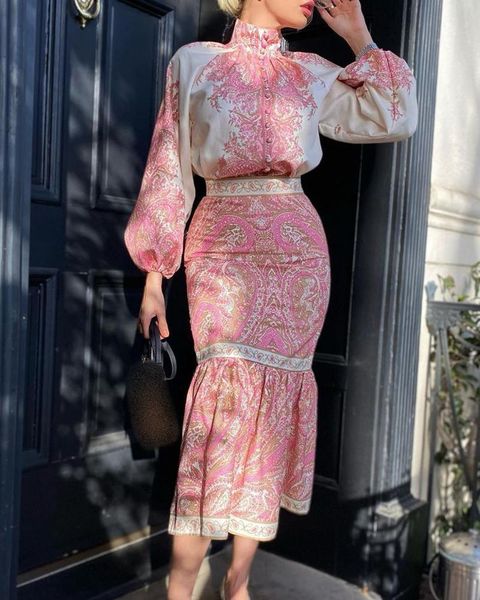 

work dresses women 2 pieces vintage print blouse & skinny midi skirt set 2022 femme puff sleeve long dress office lady clothing, White;black