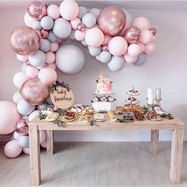 Kit Balão Macaron Rosa e Cinza Decoração de Comemoração para Festival Piquenique Noivado em Família Casamento Festa de Aniversário Tema Aniversário TX00