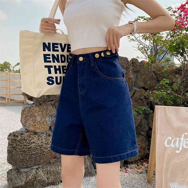 

summer women adjustable waist button denim shorts fashion high street loose knee length straight jeans 210430, White;black
