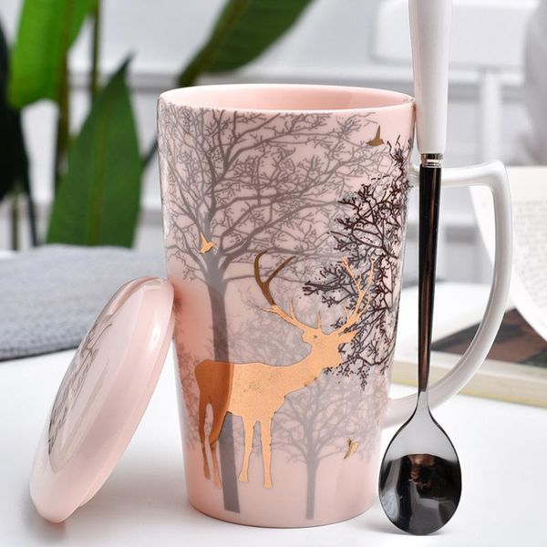 

1pcs magical deer coffee milk mug with lid and spoon ceramic tea water cup gift for women girls pink drinkware kitchen supplies mugs