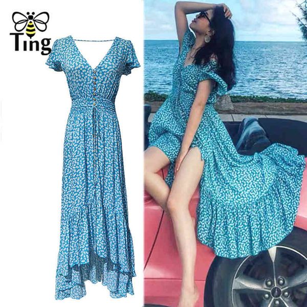 

boho dress women's ruffles hem maxi vintage v-neck open back hippie vestidos bohemian beach es vestidos 210513, Black;gray
