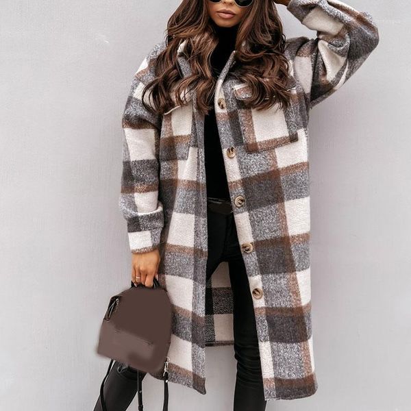 

women's wool & blends arrival women plaid overcoat buttons long coat shirt jackets cardigan warm elegant ladies casual windbreaker, Black