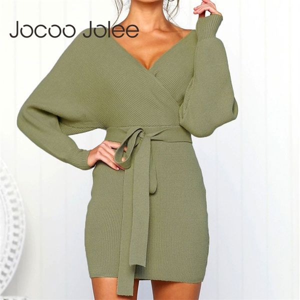 

casual long sleeve bodycon women autumn winter v neck sweater sashes bandage knitted dress vestidos 210416, Black;gray