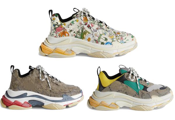 Аутентичные The Hacker Project Triple S Shoes Beige Green Yellow Flora Print 17FW Мужчины Женщины Кроссовки Old Dad Platform Sneakers Paris Sports With Original Box 36-46