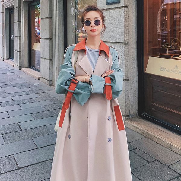 

stitching contrast color loose windbreaker women's mid-length british windbreaker coat lapel belt all-match fashion clothing 210422, Black;brown