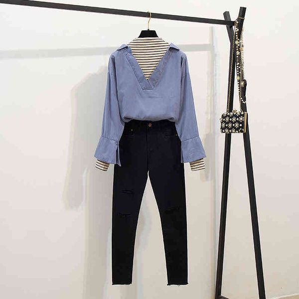 

autumn women long sleeves stripe patchwork high neck shirts + slim hole pants 2 pcs sets girls casual suits a1765 210428, White