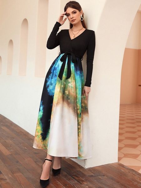 

ink painting belted a-line dress g1zz#, Black;gray
