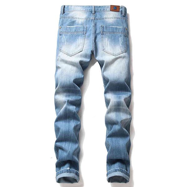 

mens ripped holes frayed embroidered skull star crown jeans streetwear distressed moto biker male denim pants, Blue