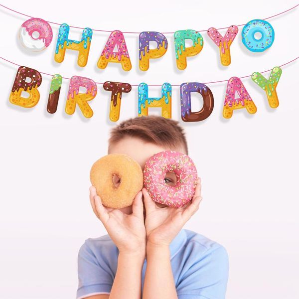 

party decoration girls pink sweet donuts grow up theme paper happy birthday hanging banners flags baby shower bunting