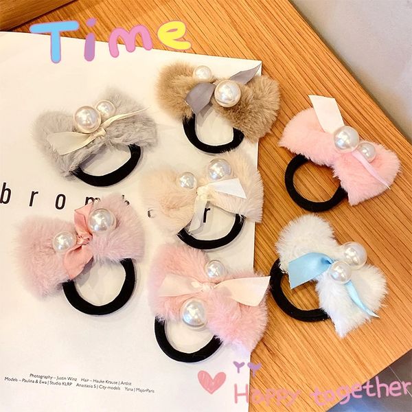 

woman pompom bowknot pearl hair ties women scrunchies women hair accessories rubber band hair ring headwear elastic hairband, Golden;silver