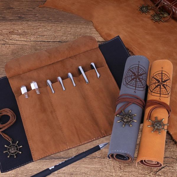 

multifunctional vintage leather cosmetic pen pencil case for school boys girls bag pencil-case supplies cases retro bags