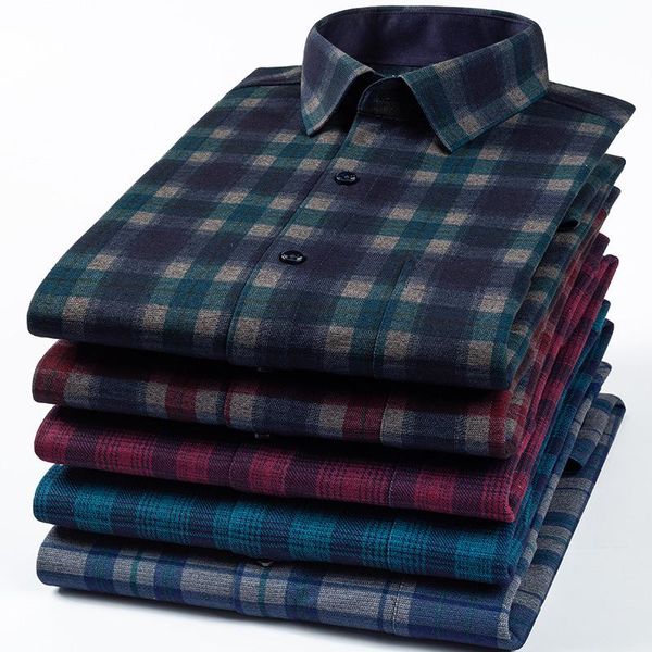 

men's casual shirts t-01 autumn men plaid shirt thicken lapel classic slim fit middle-age dad gentlemen blue premium cotton brushed lon, White;black