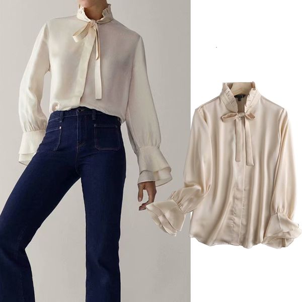 

women's blouses & shirts new fashion women ruffle collar chiffon shirt lace up single breasted long sleeve chiffon shirt casual lo, White