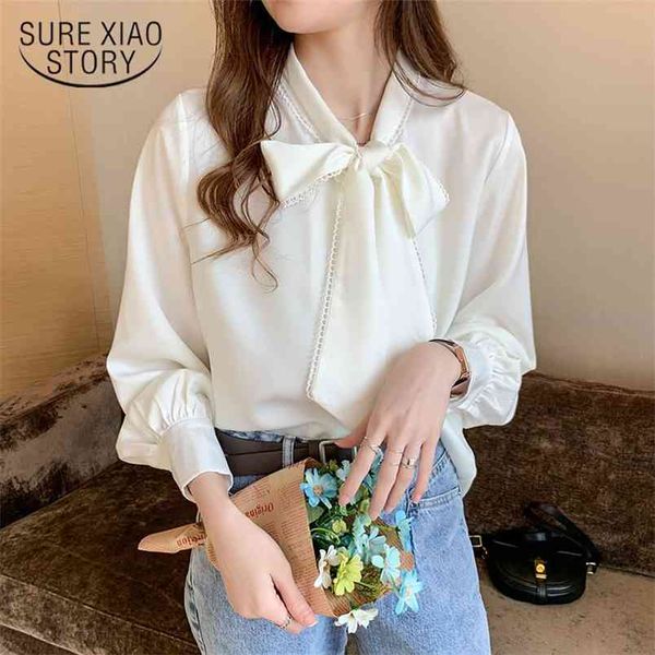 

loose korean spring satin chiffon blouse women fashion blue long sleeve shirt white office lady clothes with bow 10691 210421