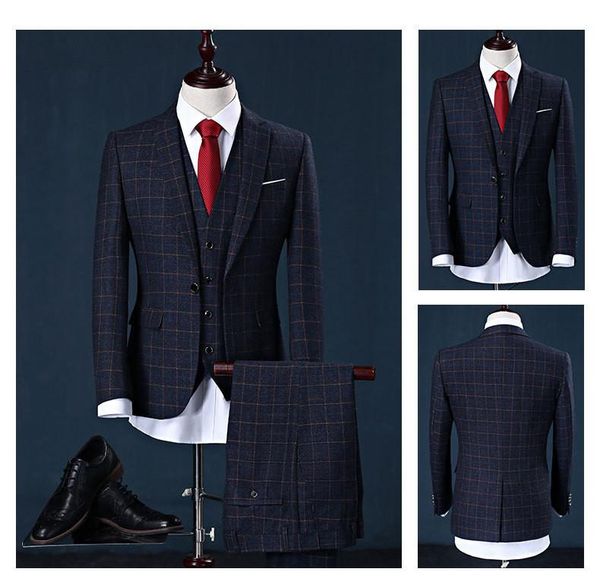 

men's suits & blazers men dark blue formal business plaid 3 piece groom tuxedos slim fit wedding suit one button prom, White;black