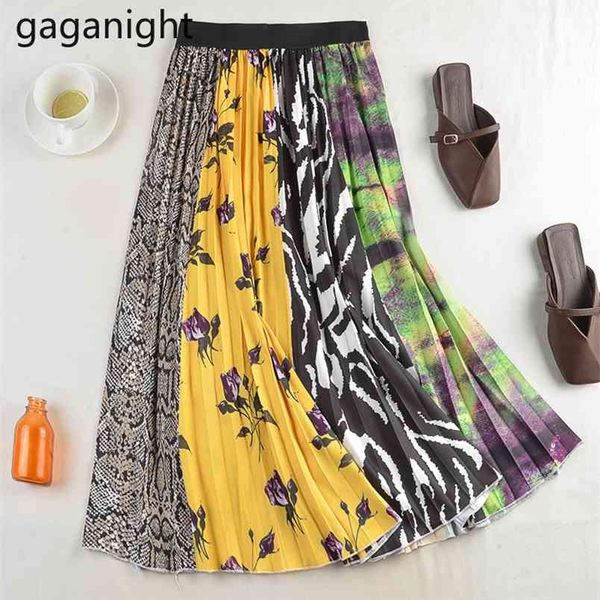 

print women long skirt spring chic lady pleated elastic high waist faldas swing drop skirts slim 210601, Black